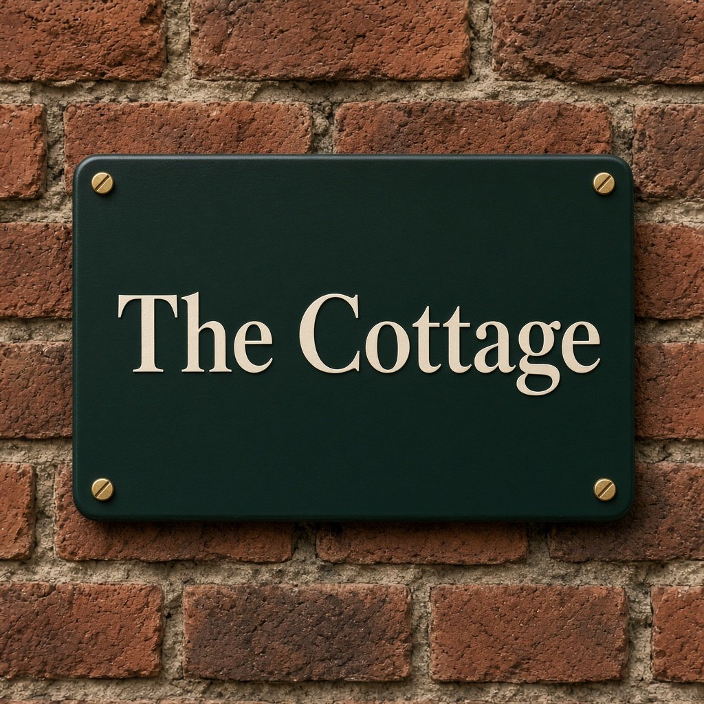 Dark green house sign reading The Cottage on a brick wall