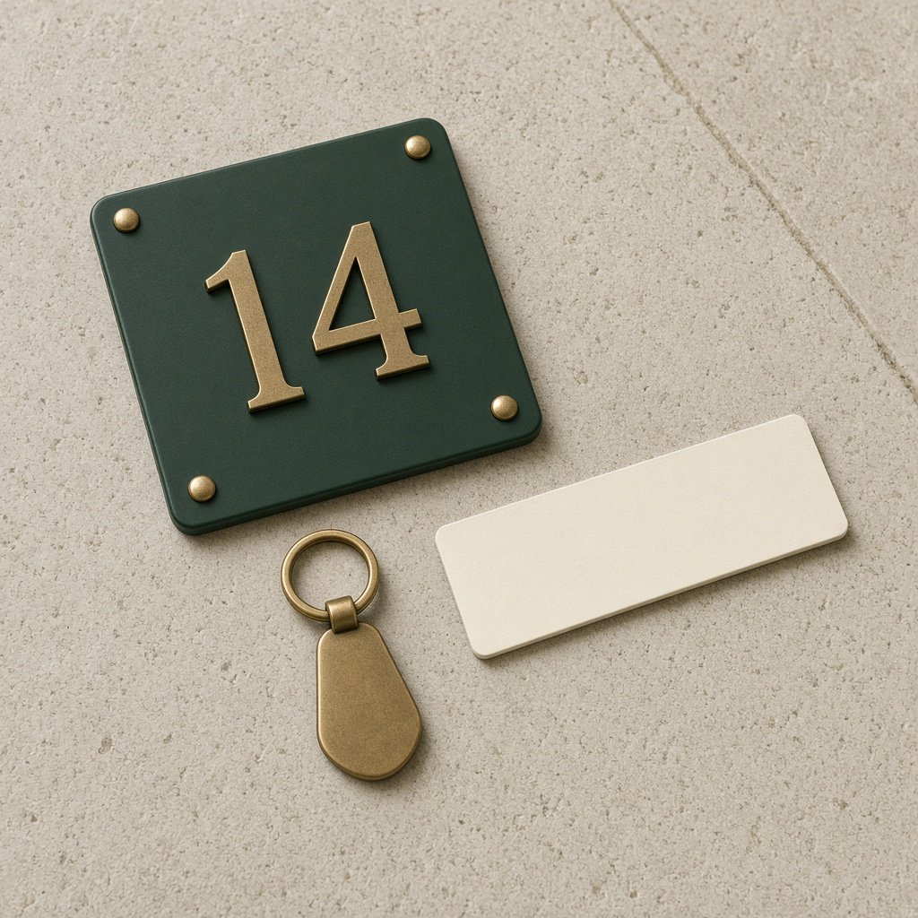 Dark green door number 14, a brass key fob and a blank label on stone