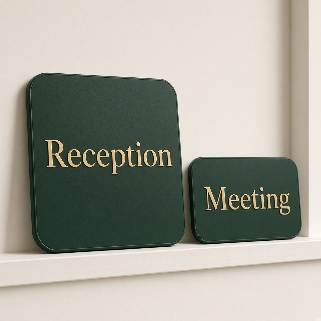 Dark green office signs reading Reception and Meeting